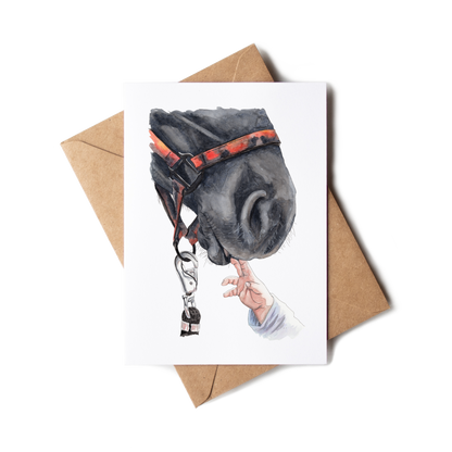 Greeting card with a horse's head and hand reaching through a bridle, on a white background.