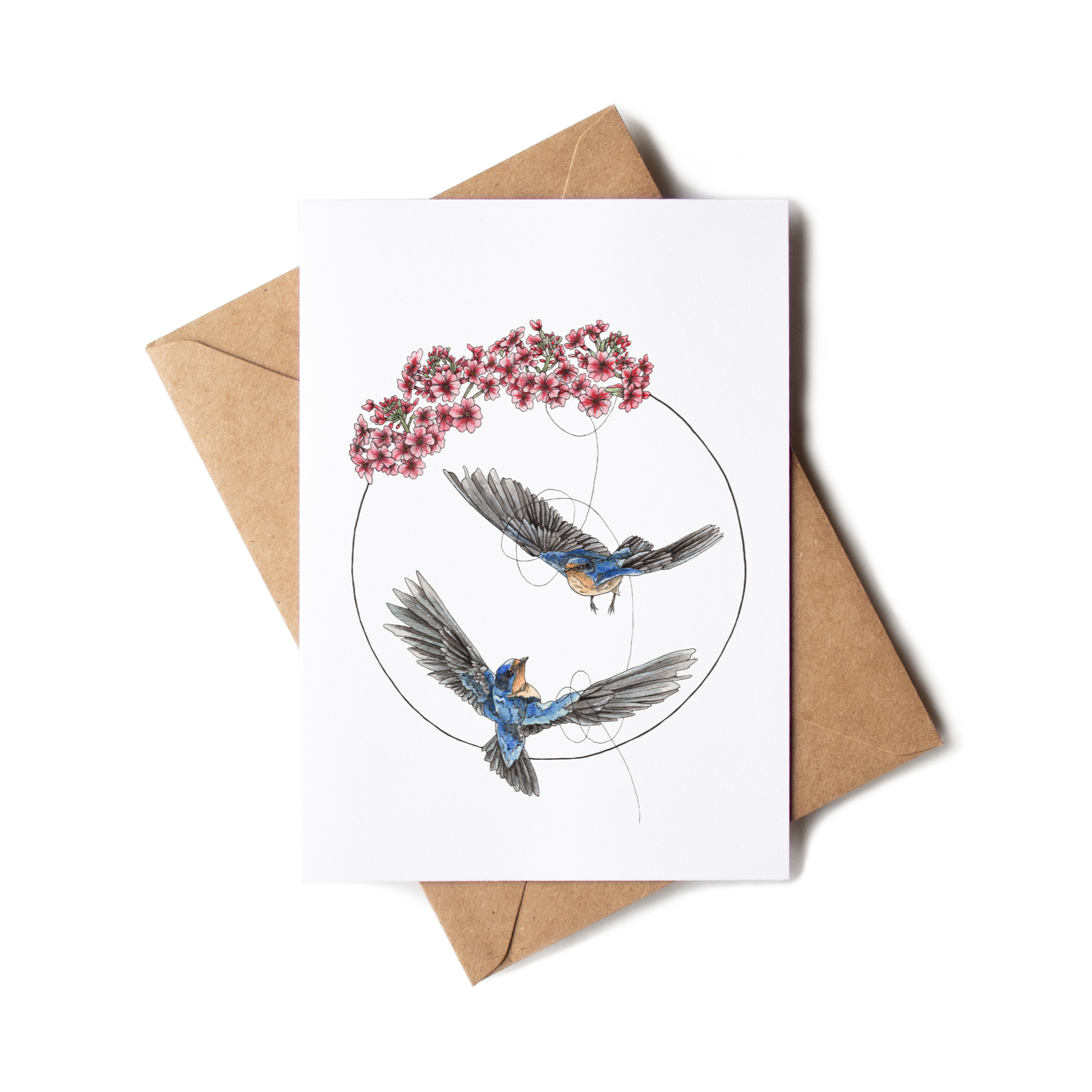 Greeting card with birds and cherry blossoms design on a white background