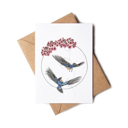 Greeting card with birds and cherry blossoms design on a white background