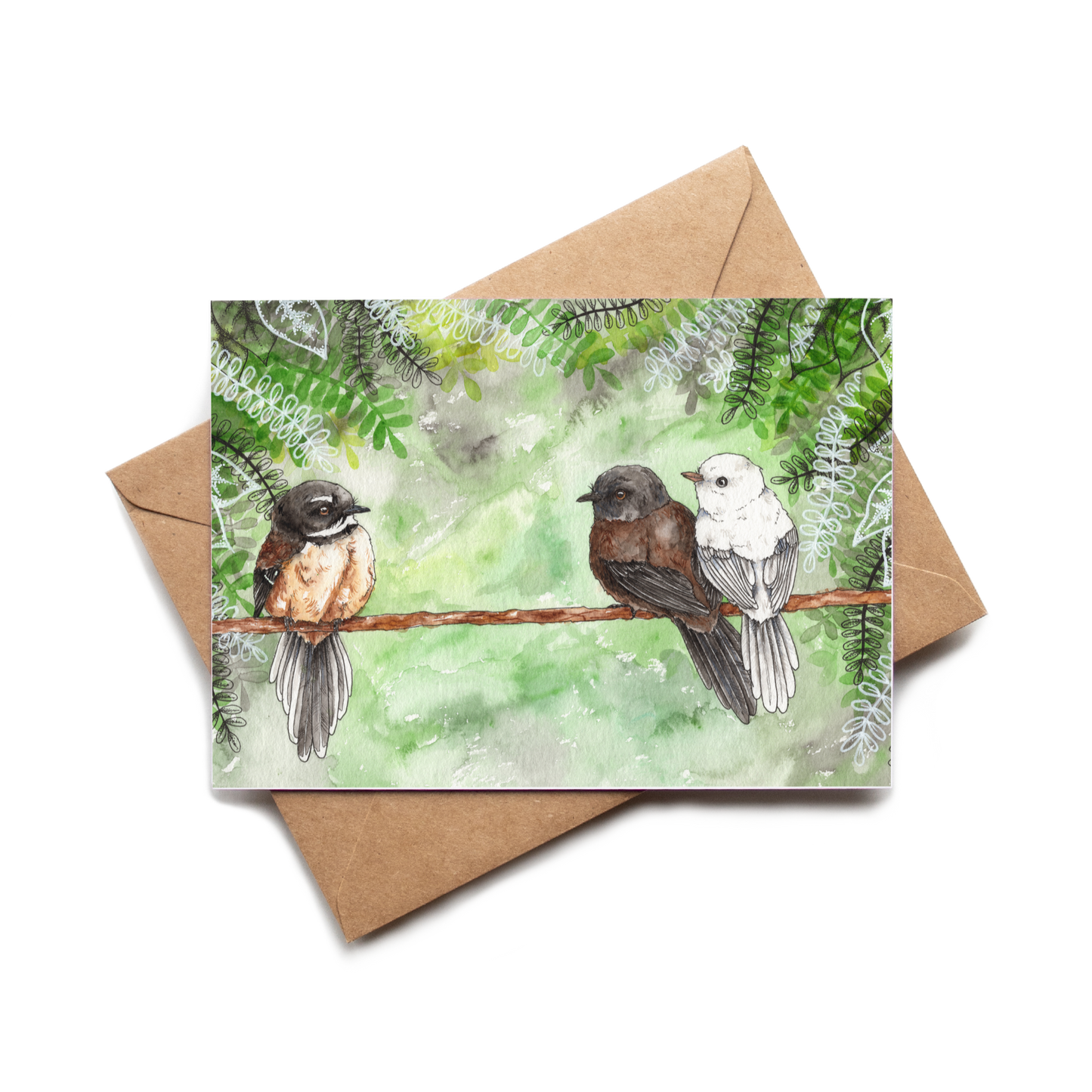 Card with two birds on a branch and a brown envelope on a white background
