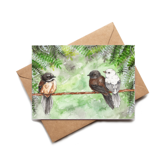 Card with two birds on a branch and a brown envelope on a white background