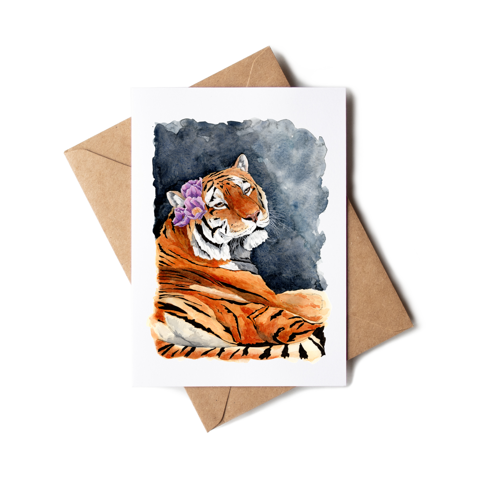 Greeting card with a tiger design on a white background