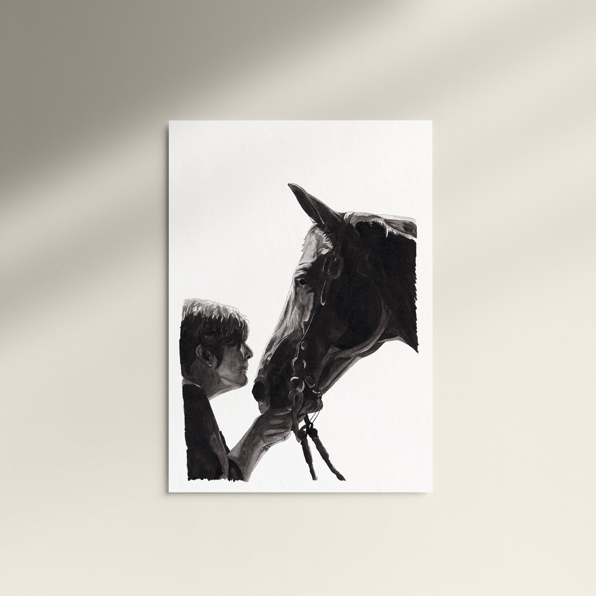 Black and white painting of a person and horse on a white background