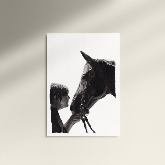 Black and white painting of a person and horse on a white background