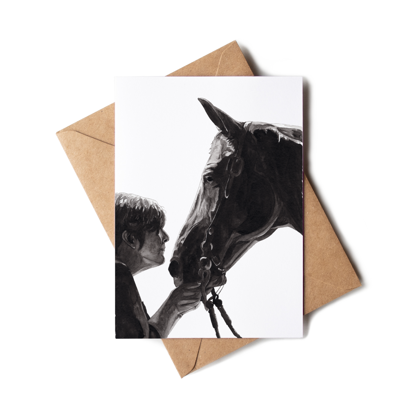 Greeting card with a horse and person illustration on a white background with a brown envelope.
