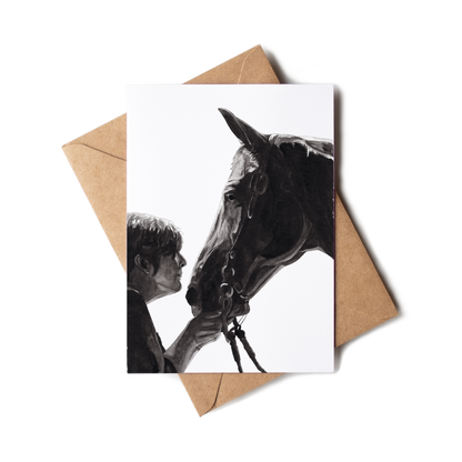 Greeting card with a horse and person illustration on a white background with a brown envelope.