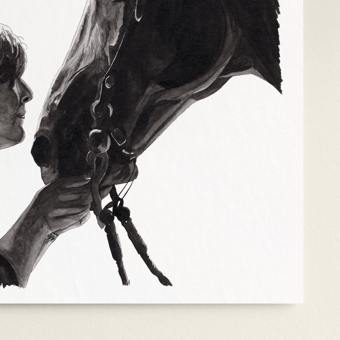 Black and white painting of a person and horse on a white background