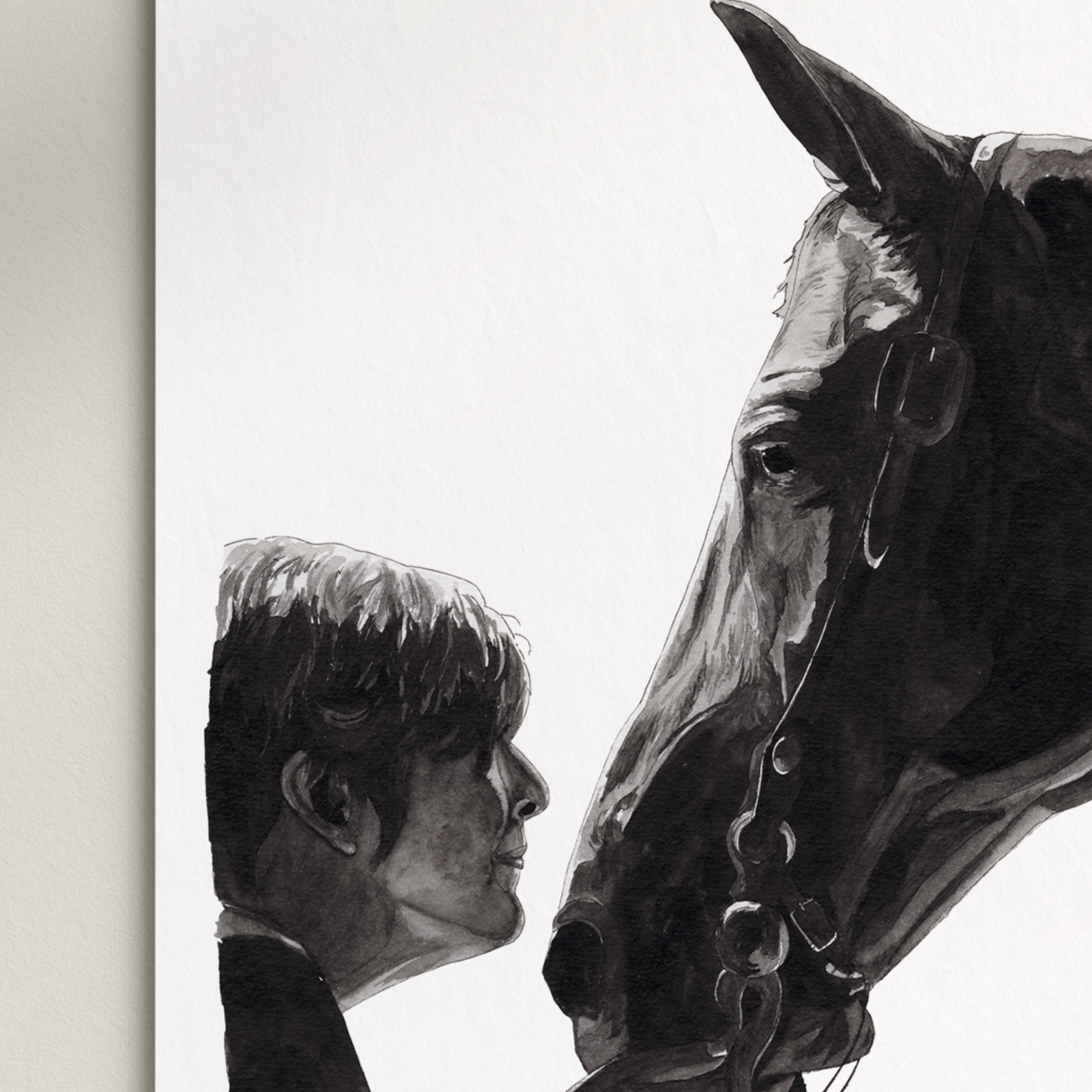 Black and white painting of a person and horse on a white background