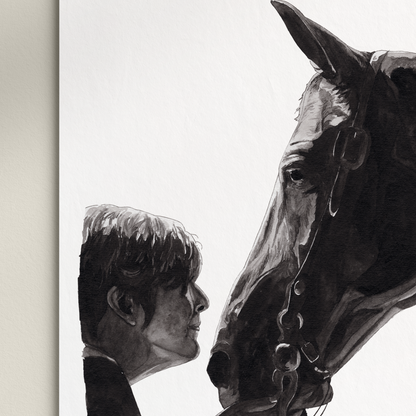 Black and white painting of a person and horse on a white background