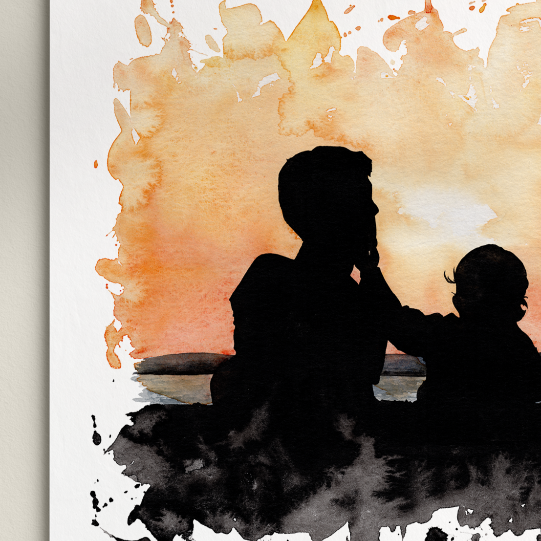 Artistic depiction of a silhouette of a father and child against an abstract watercolor background.