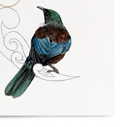 Bird illustration with a decorative crescent moon on a white background