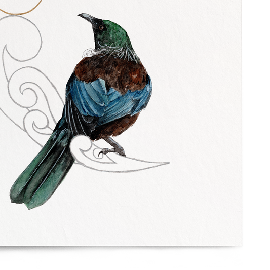 Bird illustration with a decorative crescent moon on a white background