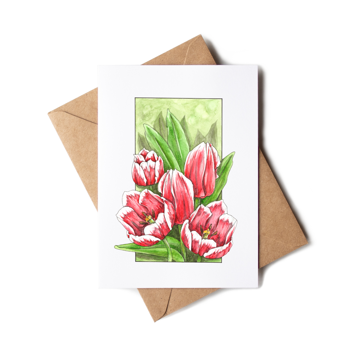 Card with tulip illustration and brown envelope on white background