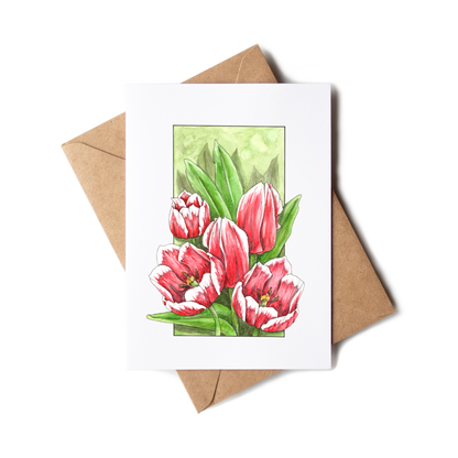 Card with tulip illustration and brown envelope on white background