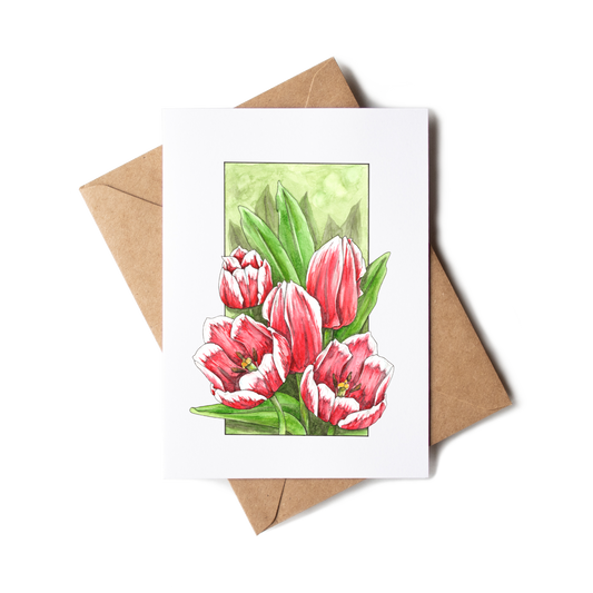 Card with tulip illustration and brown envelope on white background