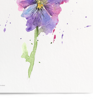 Watercolor painting of a purple flower on a white background