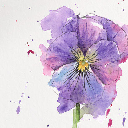 Watercolor painting of a purple flower on a white background