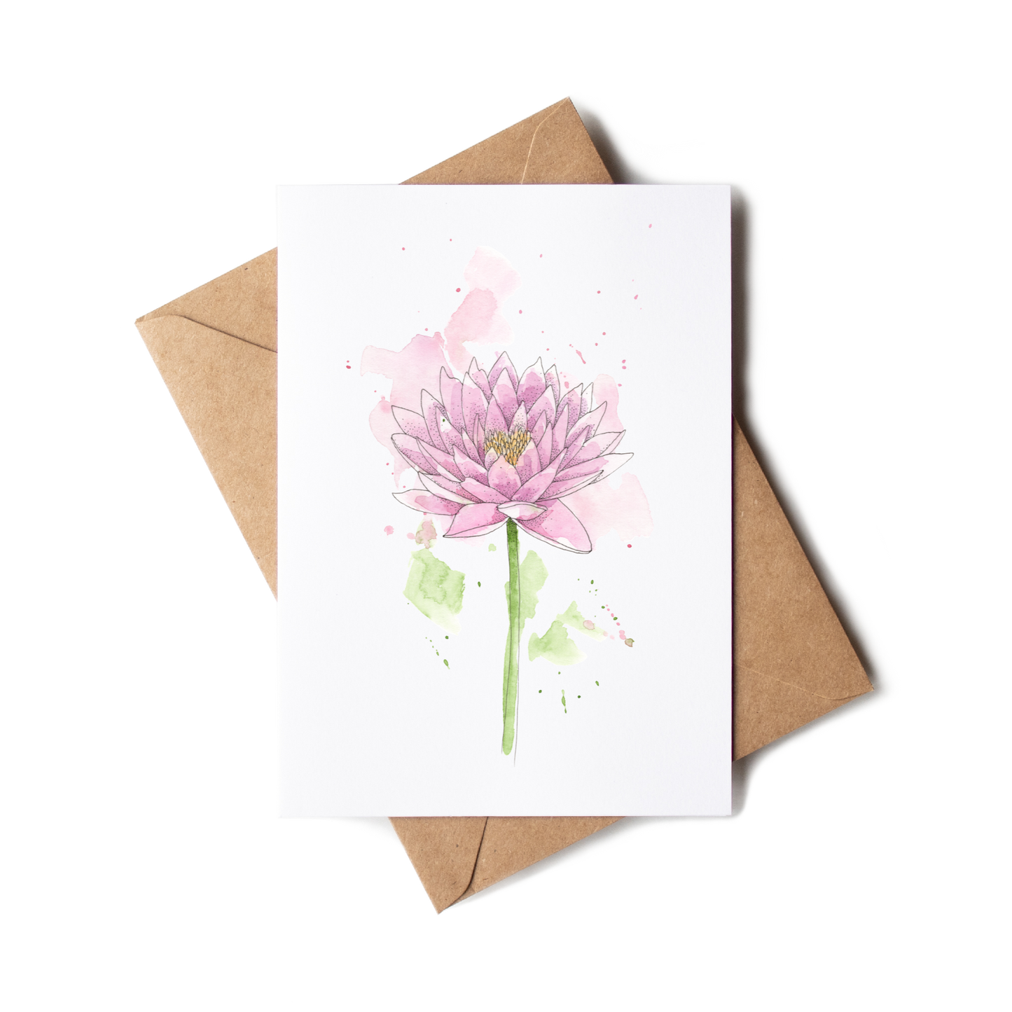 Greeting card with pink flower illustration and brown envelope on white background