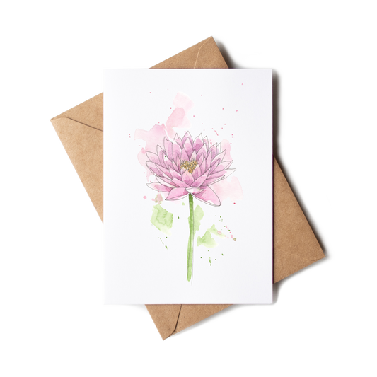 Greeting card with pink flower illustration and brown envelope on white background