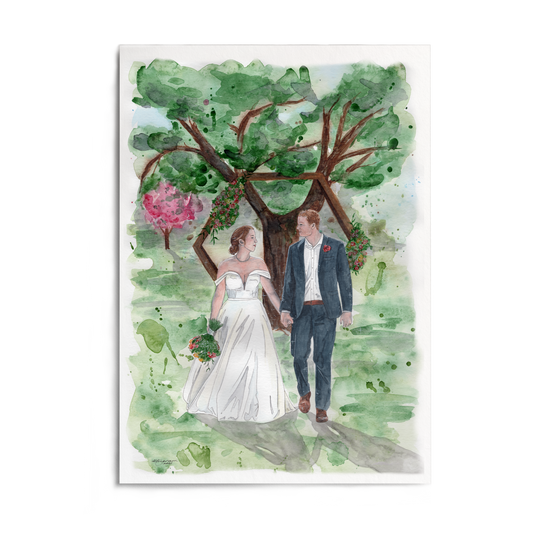 Watercolor painting of a bride and groom holding hands under a tree with flowers.