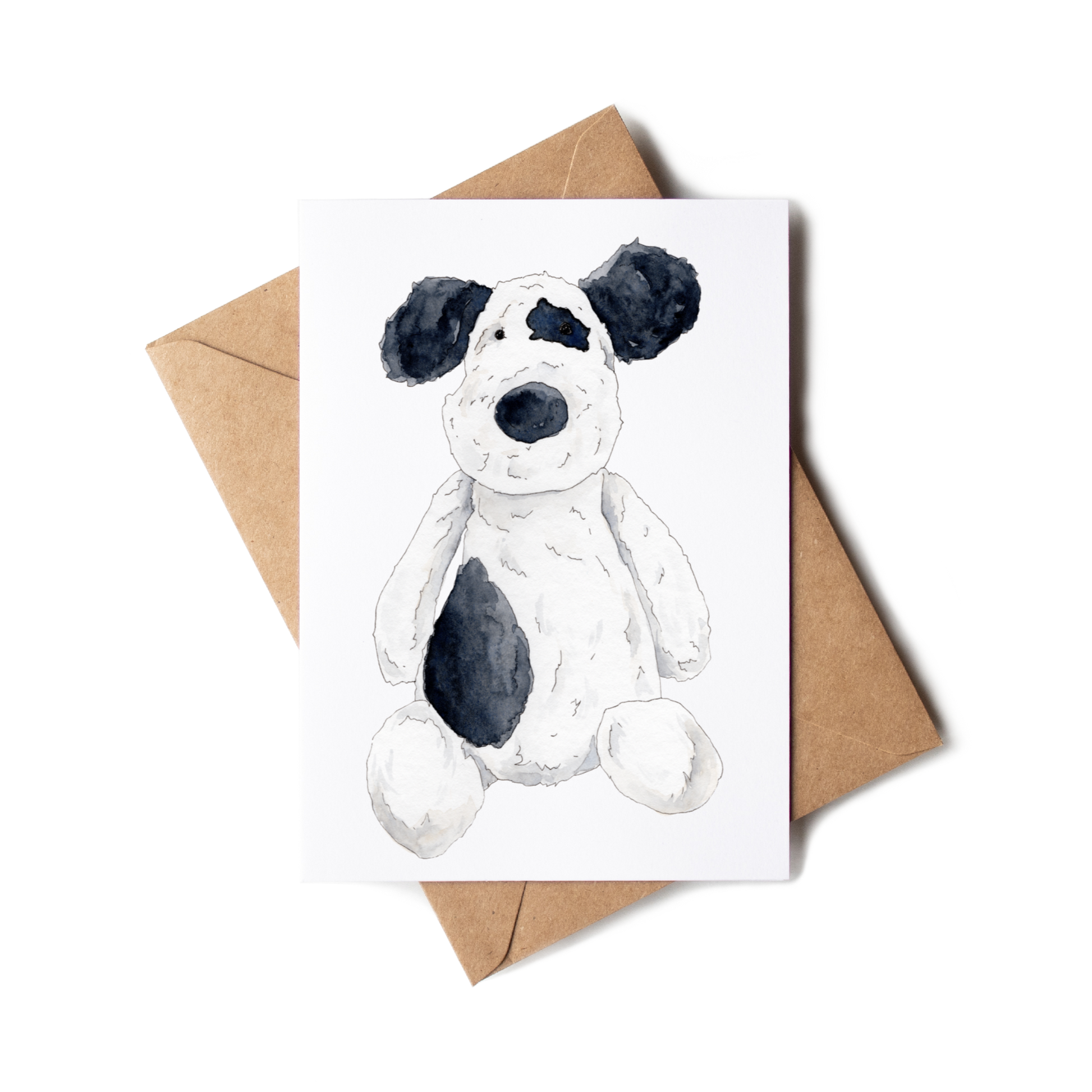 Greeting card with a black and white dog illustration on a white background