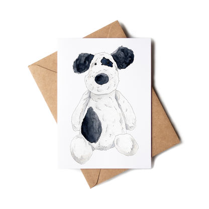 Greeting card with a black and white dog illustration on a white background
