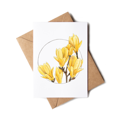 Greeting card with yellow floral design on a white background with a brown envelope.