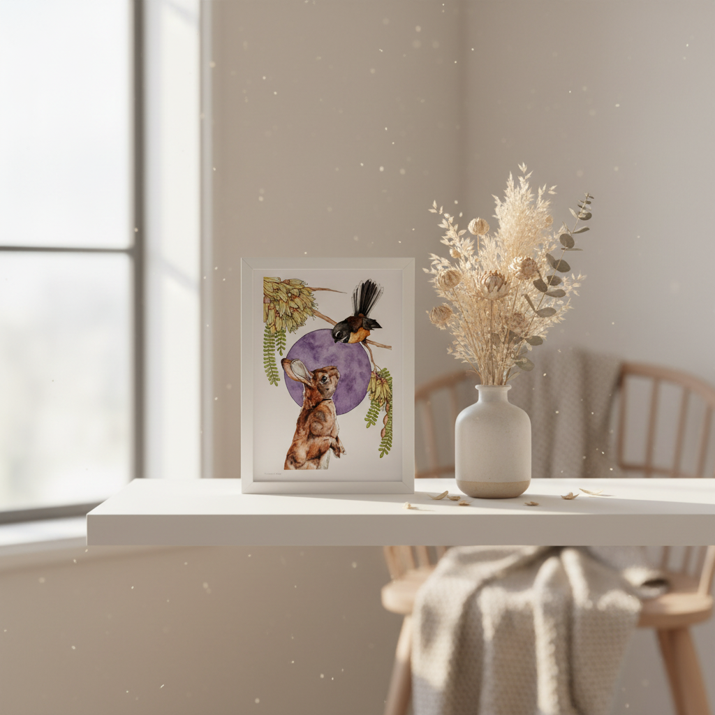 Shelf display with Piwakawaka Rapeti print