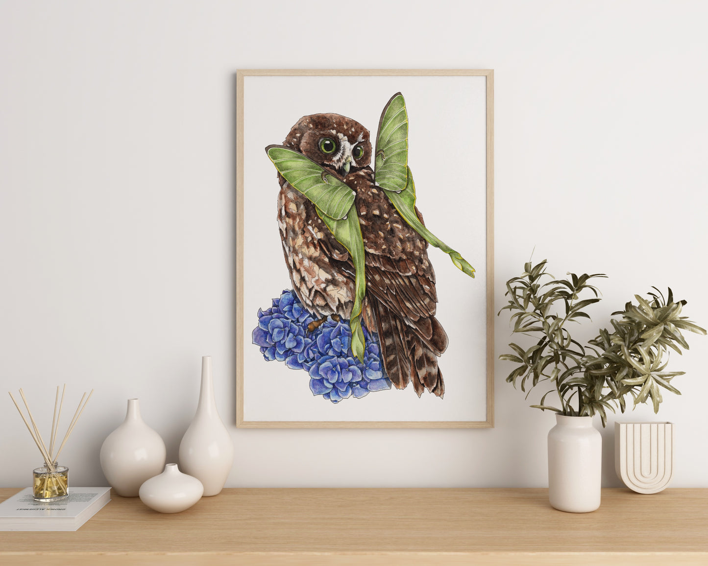 Ruru on Hydrangea Print